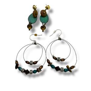 2 Pair Boho Pierced Earrings Brown Teal Dangle